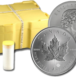 Canadian Silver Maple Leaf Coins also shown in a tube or a monster box