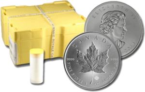 Canadian Silver Maple Leaf Coins also shown in a tube or a monster box