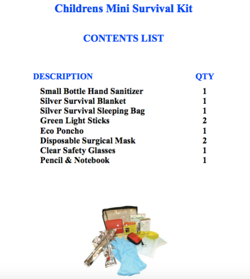 Childrens-Survival-Kit Contents List